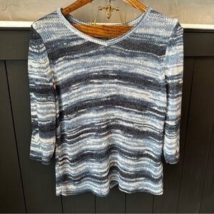 Chico's Women's Sweater Large Loose Knit‎ Blue White Mix Stripe V Neck Size 2